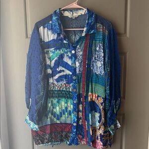 John Mark Blue and Green Patchwork Button Down Shirt